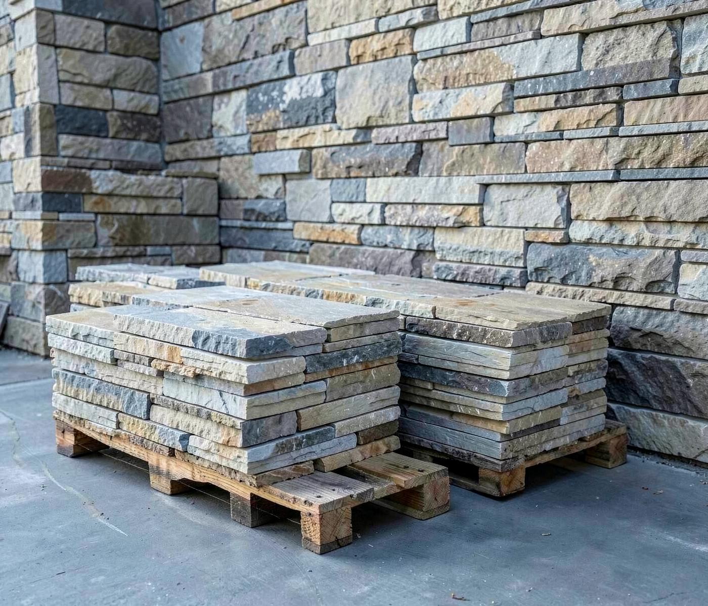 Pallets of natural stone veneer flats stacked beside a finished fieldstone veneer wall