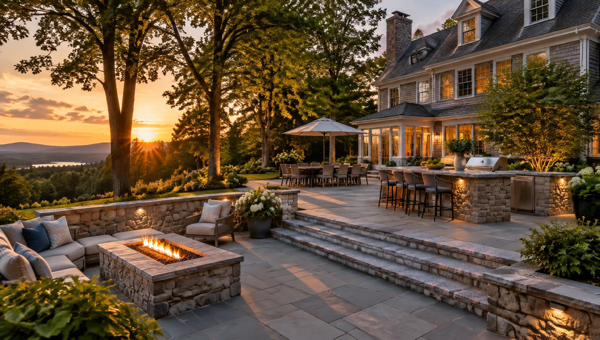 Bluestone patio, natural stone seating wall, granite steps and outdoor kitchen on a New England property at sunset