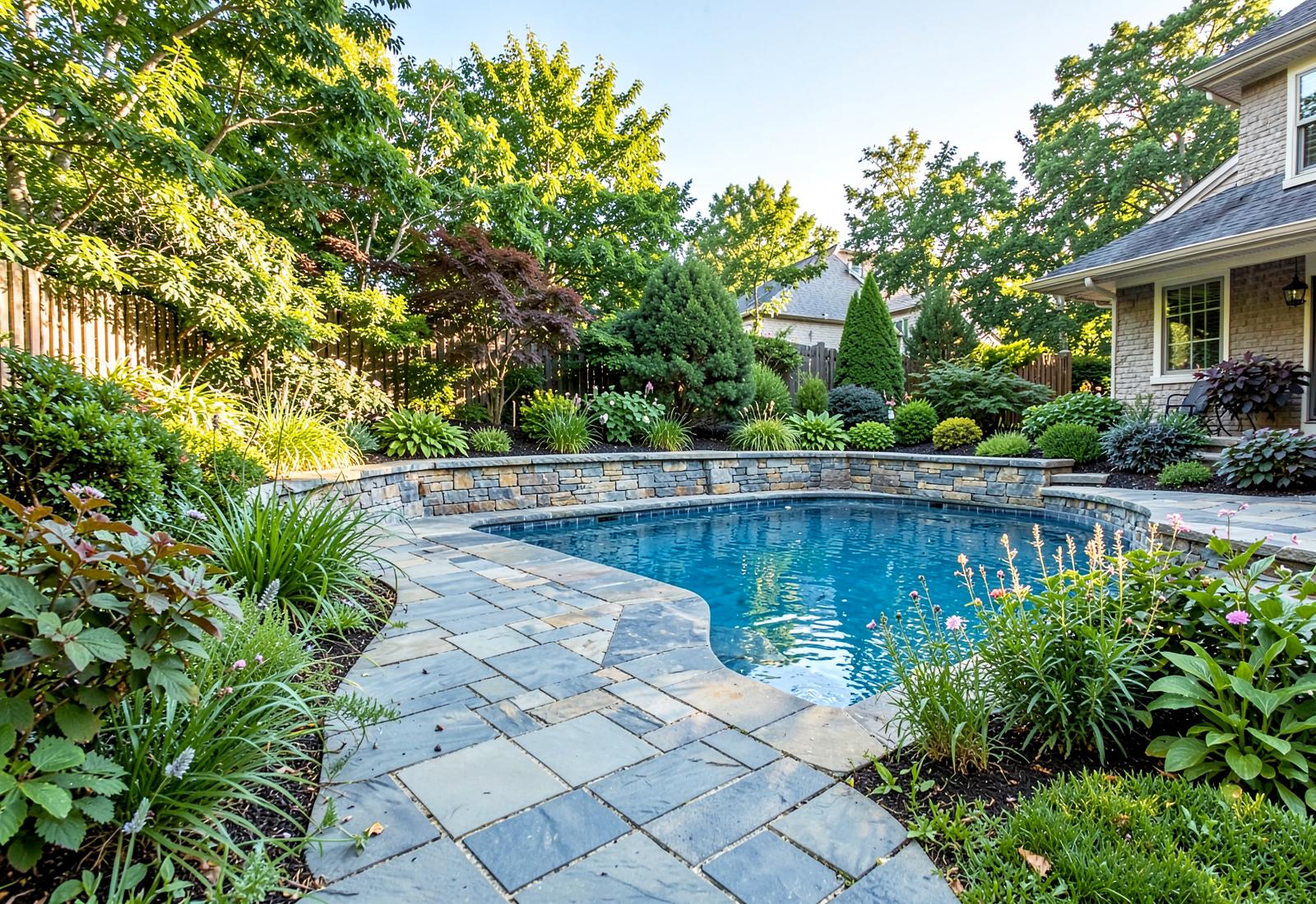 Bluestone pool deck with a natural stone wall and layered plantings in a New England backyard